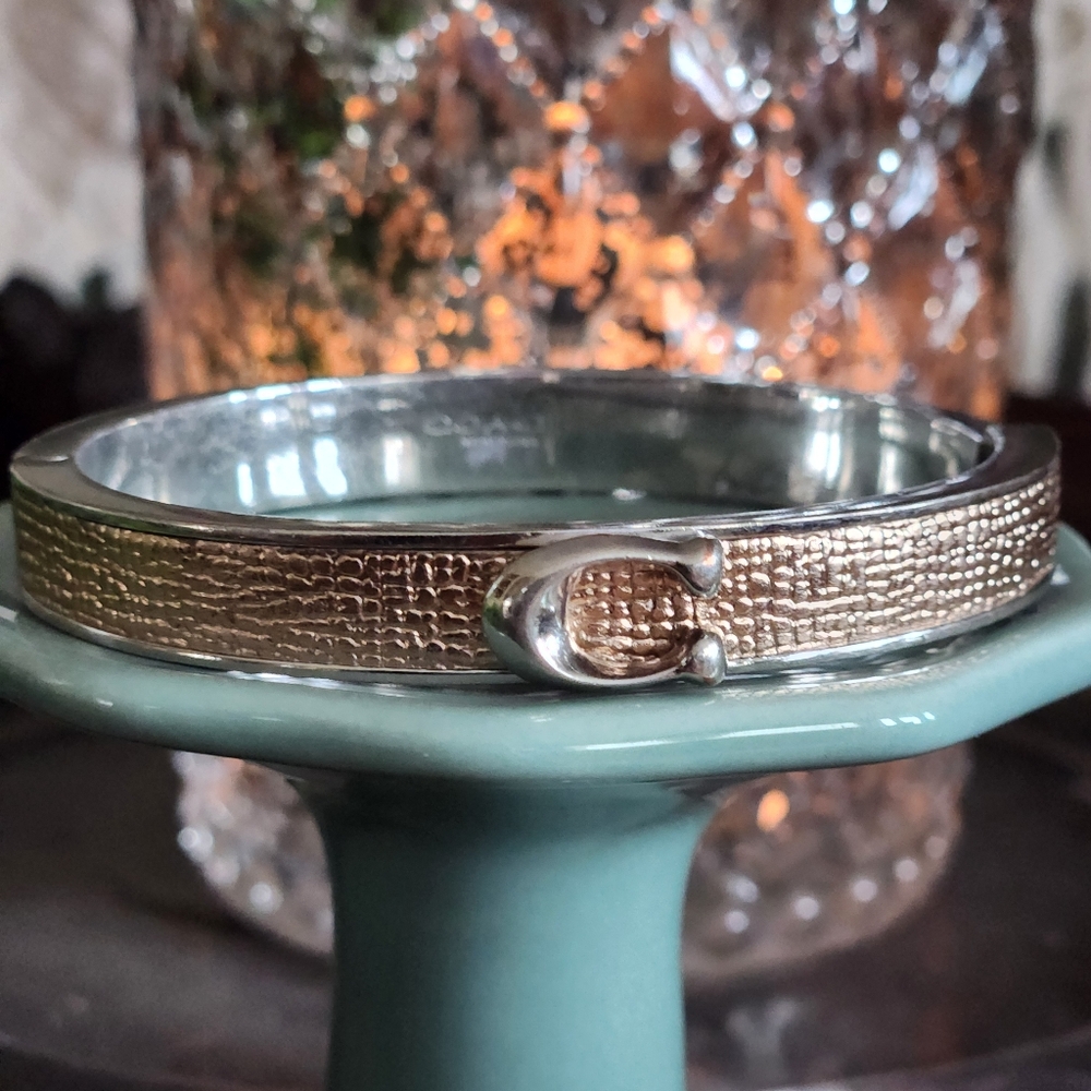 Coach Rose Gold Silver Toned Signature Logo Magnetic Hinged Bangle
